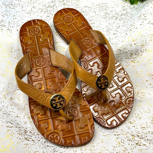 Tory Burch shoes Flip flops sandals Thora flats tan gold - Picture 10 of 14